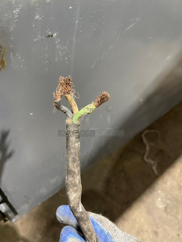 Frayed power cord of a True TSUU-48-08 refrigerated pizza prep table, indicating needed repair.