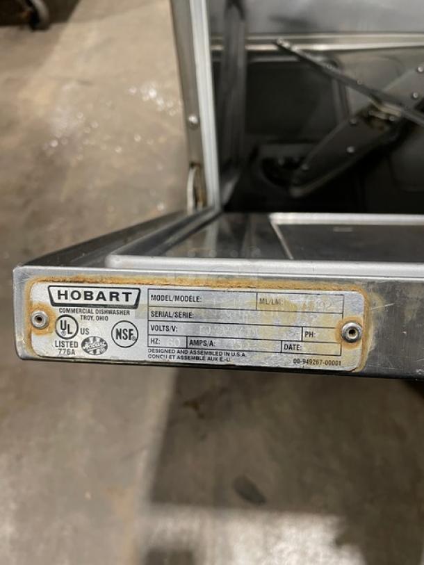 Hobart LXEH commercial dishwasher label showing model, serial number 23-1156870, UL and NSF certifications.