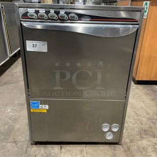 CMA commercial undercounter dishwasher, stainless steel, electric powered, Energy Star certified, digital controls, model label visible.