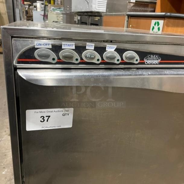 CMA commercial stainless steel undercounter dishwasher, electric powered, Energy Star certified, control panel buttons visible.