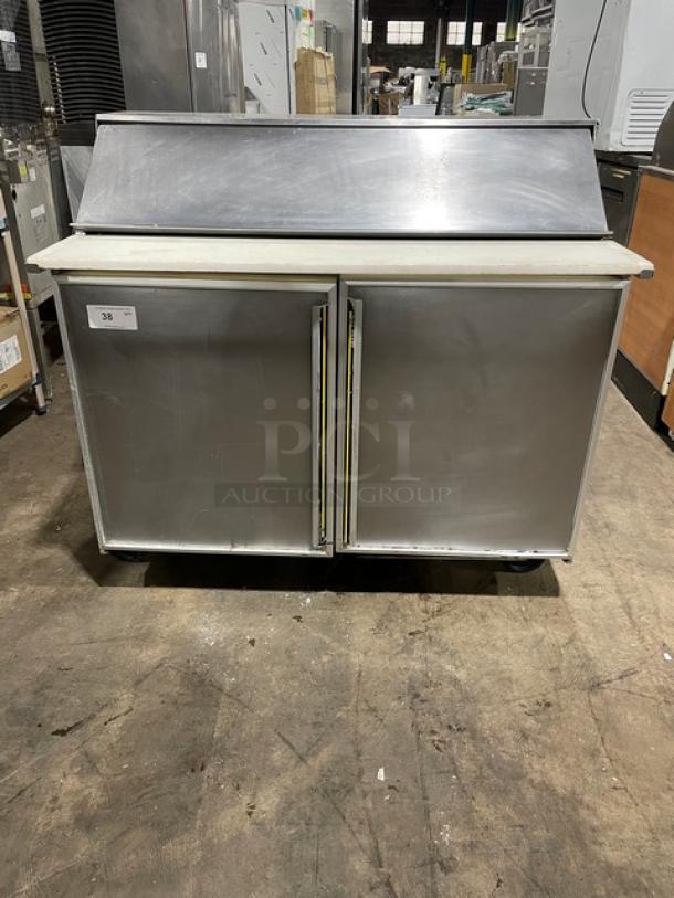 Commercial stainless steel refrigerated Bain Marie style prep table with cutting board, on casters, item 38.