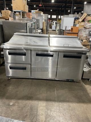 Sun Ice stainless steel refrigerated prep table, model LUNST72-30, with 2 drawers and doors, on casters; serial 7023838.