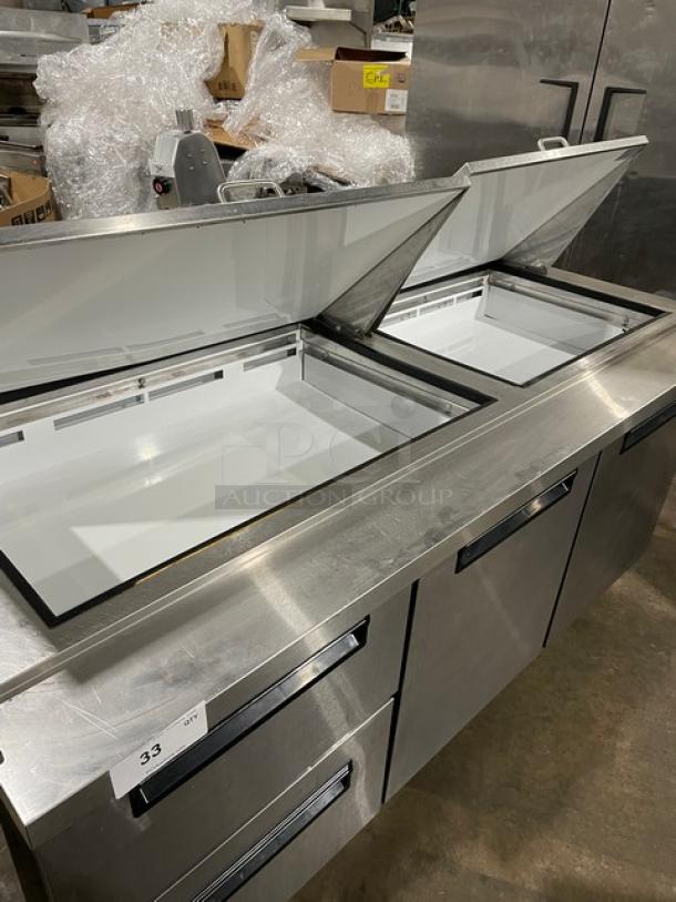 Sun Ice stainless steel refrigerated prep table with 2 drawers, 2 doors, model LUNST72-30, on casters, 115V, used condition.