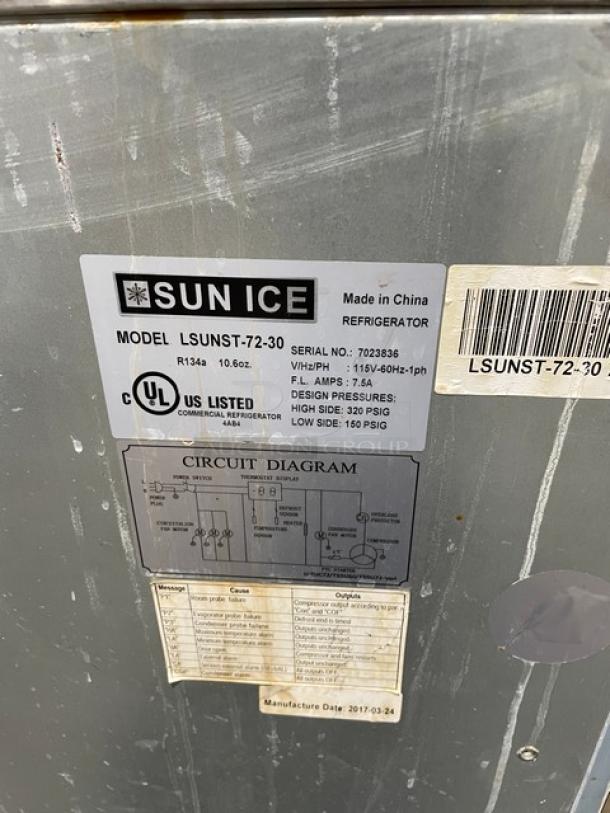 Sun Ice refrigerated prep table, model LUNST72-30, stainless steel, 2 drawers, 2 doors, on casters. Serial: 7023838.