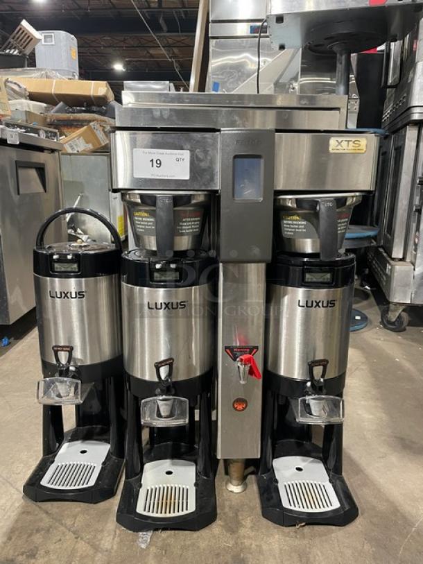 Fecto Commercial Series Automatic Coffee Brewer, Model CBS-2142-XTS, includes 3 satellite air pots, 208-230V, on legs.