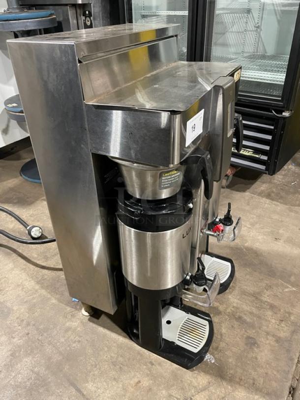 Fecto CBS2142XTS automatic coffee brewer with three satellite air pots, stainless steel, on legs, 208-230V, used condition.
