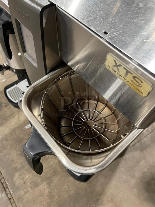 Fecto CBS-2142-XTS commercial coffee brewer with 3 Satellite Air Pots, stainless steel, XTS touch screen, on legs.