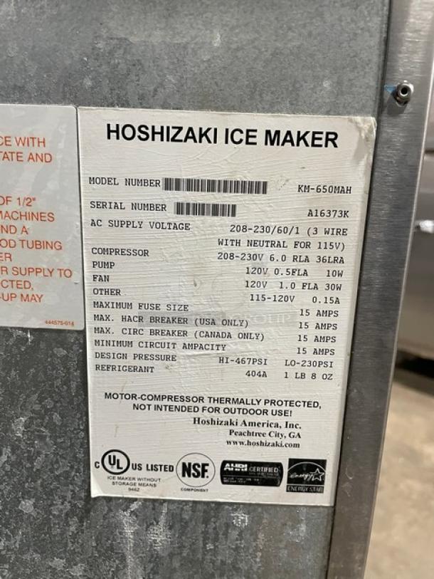 Hoshizaki KM-650MAH ice maker, stainless steel, air-cooled, crescent cube style, model KM-650MAH, serial A16373K, 208-230V, 1 phase.