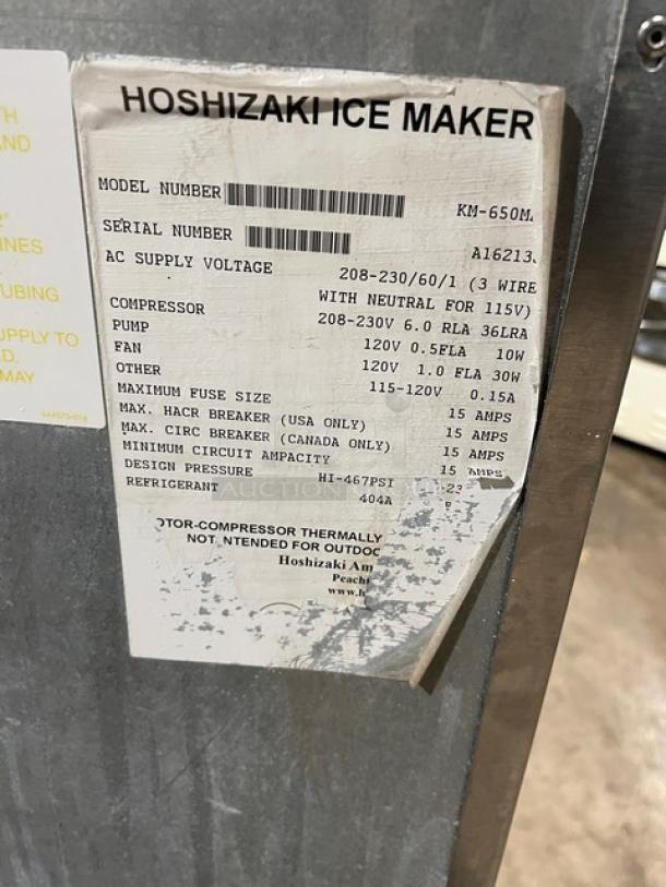 Hoshizaki KM-650MAH ice maker, stainless steel, model SN: A16213, 208-230V, air-cooled, crescent cube style, commercial grade.