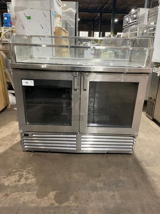 Glastender FV48-XS(LR) stainless steel bar back cooler with enclosed top display, 120V, 1 phase, commercial use.