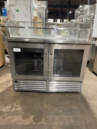 Glastender FV48-XS(LR) stainless steel bar back cooler with enclosed top display, 120V, 1 phase, commercial use.
