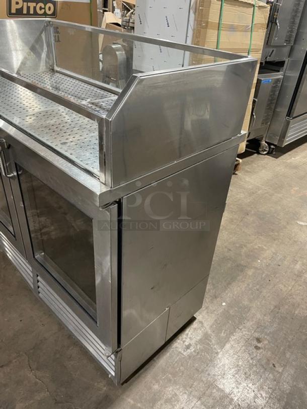 Glastender stainless steel bar back cooler, model FV48XS(LR), features enclosed top display, 120V, 1 phase, SN: 134146199.