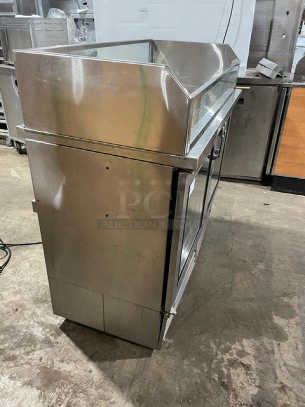 Glastender FV48-XS(LR) stainless steel bar back cooler with enclosed top display, model SN: 134146199, 120V 1 Phase.