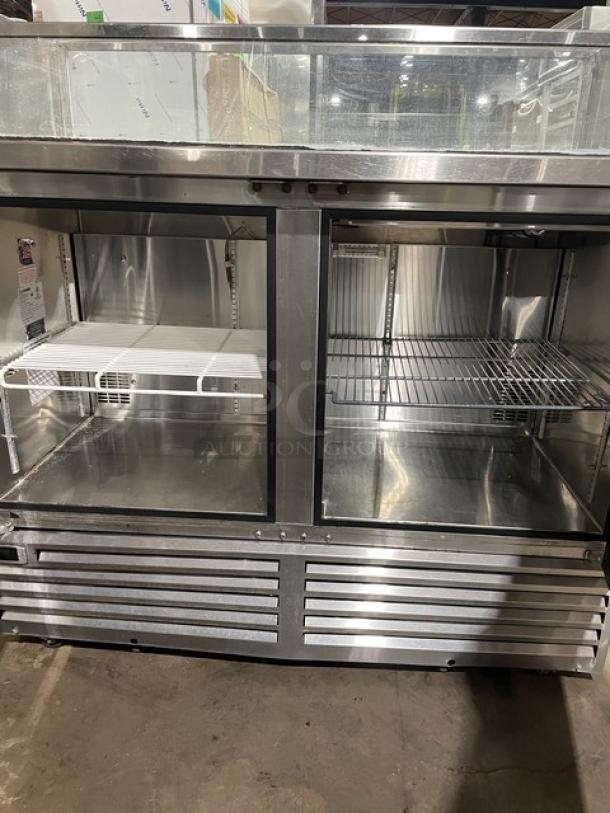 Glastender Commercial Stainless Steel Bar Back Cooler, Model FV48-XS(LR), with enclosed top display, dual doors, 120V 1 Phase.