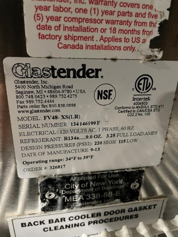 Glastender Commercial Bar Back Cooler, Model FV48-XS(LR), stainless steel, 120V, 1-phase, SN: 134146199.