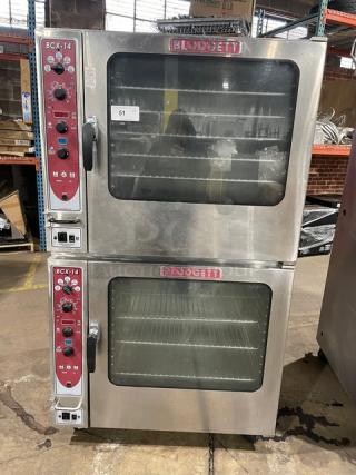 Blodgett stainless steel double-stacked convection oven, model BCX-14, with digital controls, wired rack, on casters.