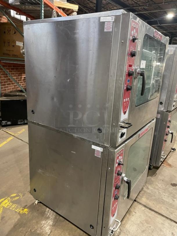 Blodgett stainless steel double-stacked convection oven, natural gas powered, digital controls, on casters, includes wired rack.