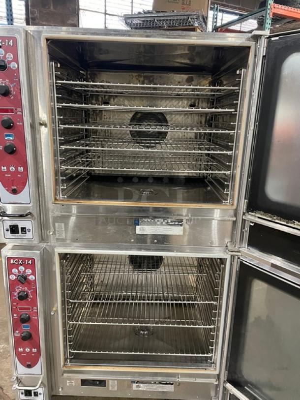 Blodgett double-stacked stainless steel convection oven with digital controls, wired racks, on casters. Excellent condition.