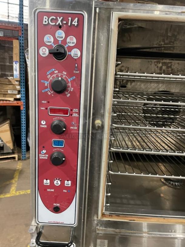 Blodgett BCX-14 double-stacked convection oven, stainless steel, natural gas, digital controls, wired rack, on casters.