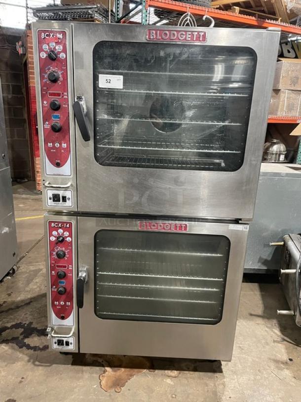 Blodgett stainless steel double stacked convection oven, natural gas powered, digital controls, on casters, includes wired rack.
