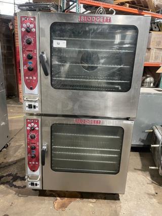Blodgett stainless steel double stacked convection oven, natural gas powered, digital controls, on casters, includes wired rack.