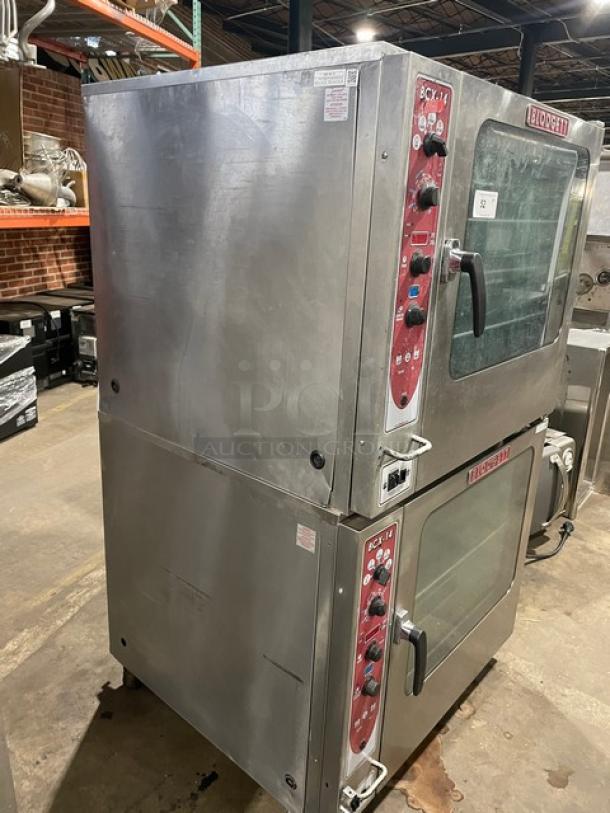 Blodgett stainless steel double stacked convection oven, natural gas powered, digital controls, wired oven rack, on casters.