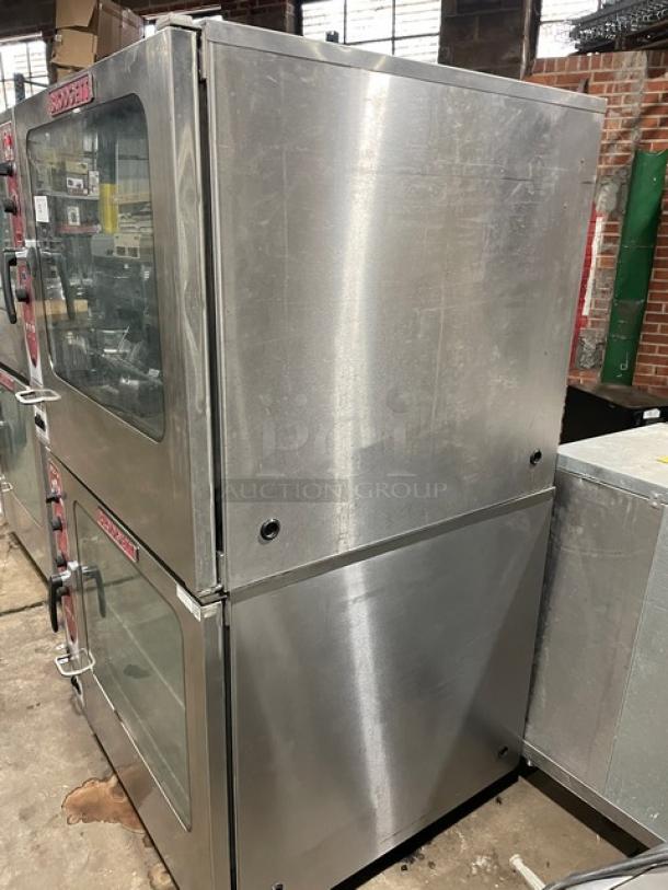 Blodgett stainless steel natural gas double convection oven, digital controls, wired rack, on casters, industrial use.