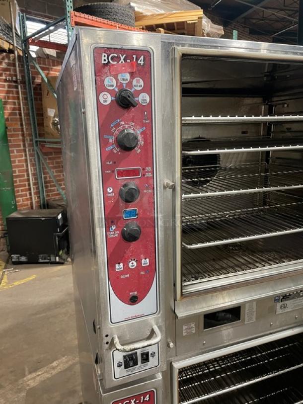 Blodgett double stacked convection oven, stainless steel, natural gas, digital controls, wired rack, on casters, model BCX-14.