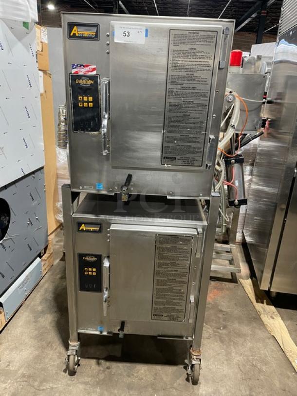 AccuTemp Evolution Series 12 Pan Double Stacked Convection Steamer, Model E62083E15000200. Stainless steel, 208V 3 Phase, Energy Star, on casters.