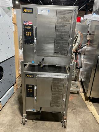 AccuTemp Evolution Series 12 Pan Double Stacked Convection Steamer, Model E62083E15000200. Stainless steel, 208V 3 Phase, Energy Star, on casters.