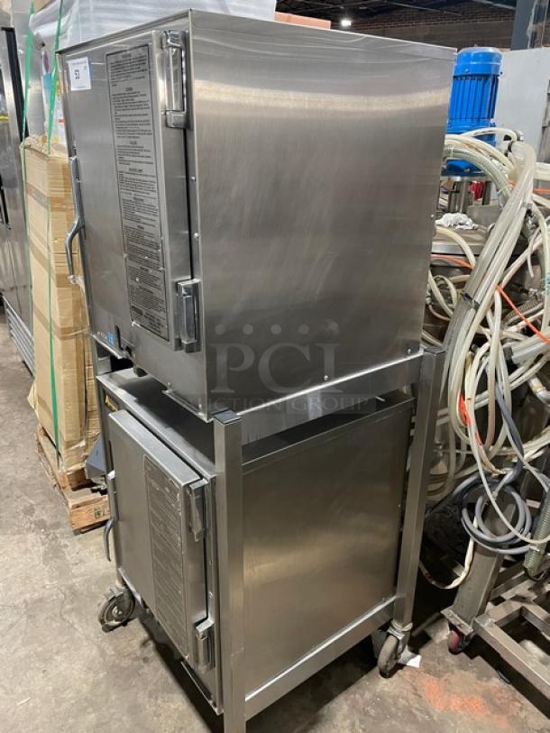 AccuTemp Evolution Series 12 Pan Double Stacked Convection Steamer, Model E62083E15000200, stainless steel, on casters.
