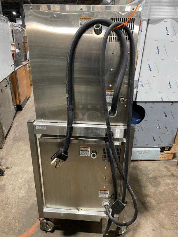 AccuTemp Evolution Series commercial stainless steel electric 12-pan double convection steamer, model E62083E15000200, on casters, Energy Star certified.