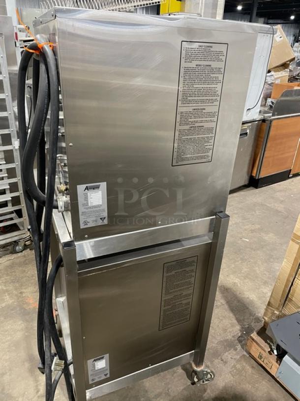 AccuTemp Evolution Series double stacked convection steamer, Model E62083E15000200, stainless steel, on casters, 12 pan capacity.