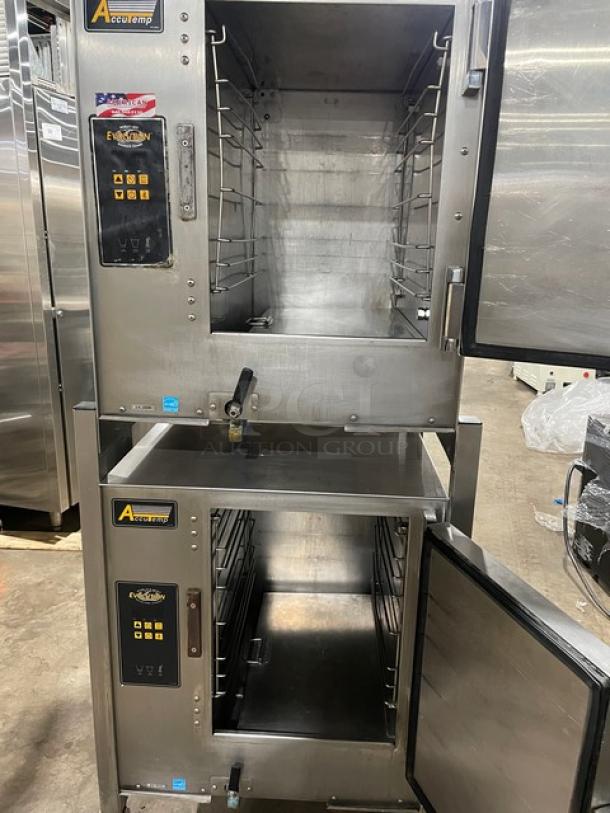 AccuTemp Evolution Series stainless steel double stacked convection steamer, model E62083E15000200, with pan racks, on casters, Energy Star Certified.