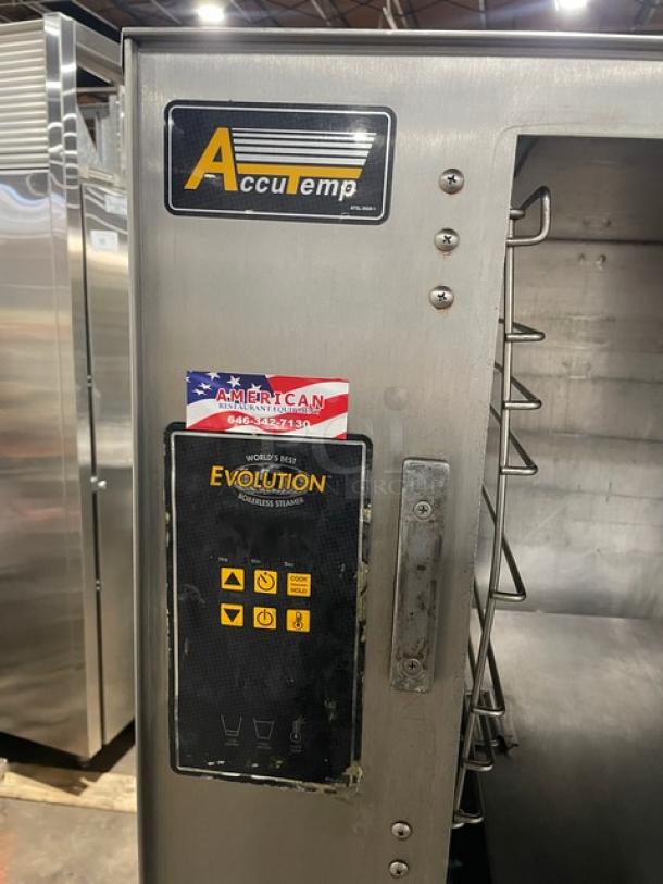AccuTemp Evolution Series stainless steel electric convection steamer, model E62083E15000200, with 12 pan capacity, built-in pan racks, on casters. Energy Star certified.