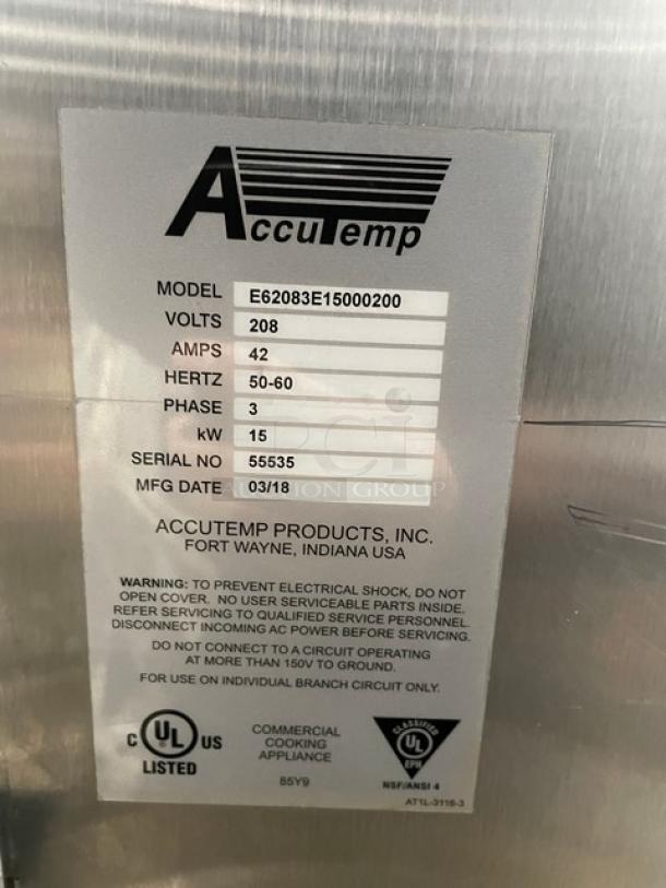 AccuTemp Evolution Series convection steamer label, Model E62083E15000200, 208V, 3 phase, SN 55535, UL listed.