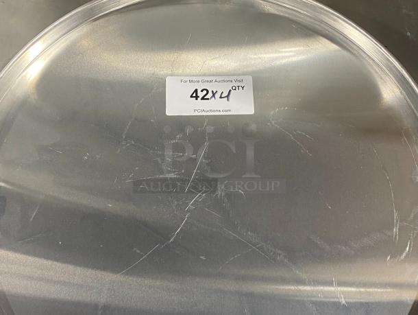 Commercial aluminum round pizza pan; scratches visible; auction label indicates "42 x 4 Qty," suggests multiple available.