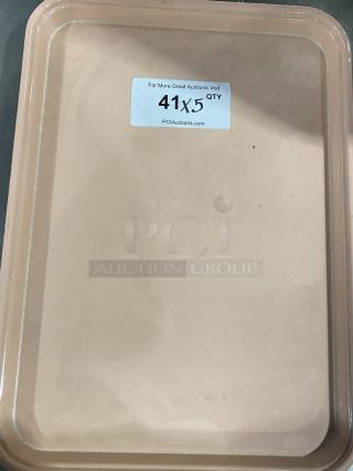 Camtray commercial tan serving tray, durable plastic, slight wear. Label: "41 x 5 Qty" from PCIAuctions.com. Great for fast food use.