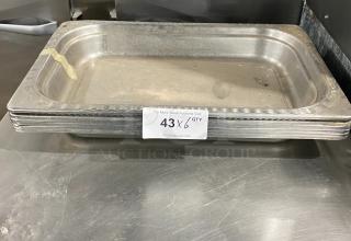 Stackable stainless steel food serving trays, commercial grade, visible wear. Auction label indicates 6X bid quantity.
