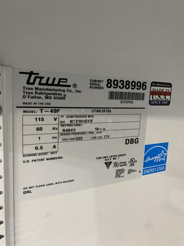 True T-49F Stainless Steel 2-Door Reach-In Freezer, Energy Star Certified, with poly-coated racks, on casters. Model: T-49F, SN: 8938996.