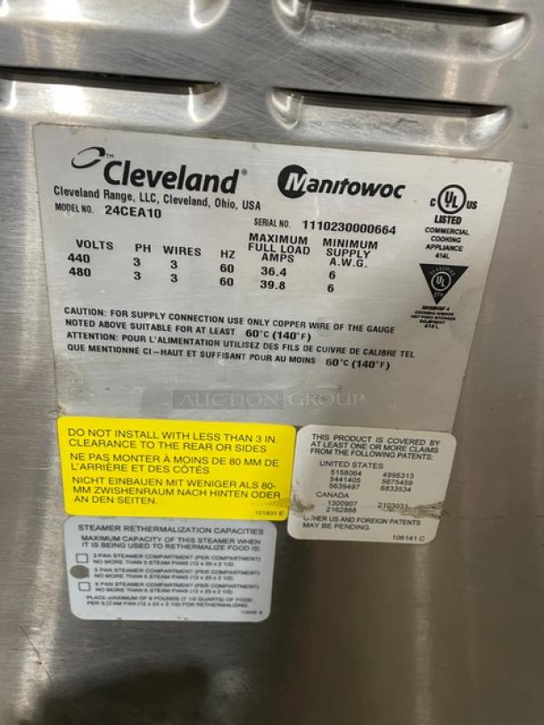 Cleveland Range 24CEA10 dual convection steamer cabinet, stainless steel, 440V, 3 phase, model SN 1110230000664, on legs.