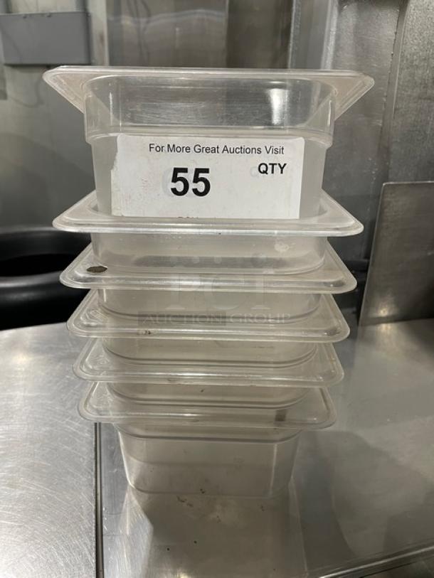 Characin clear polycarbonate 1.62 Qt food storage containers, 6-pack. Durable, stackable, visible auction label.