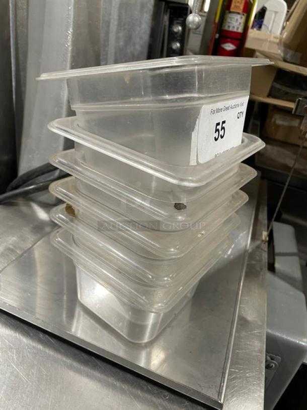 Characin commercial clear polycarbonate food storage containers, 1.62 qt each, stack of 6, excellent condition.