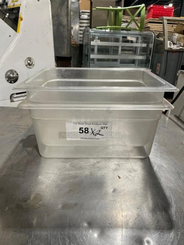 Cambro clear polycarbonate 9.3 qt food storage container, excellent condition, auction label reads "58 x2 Qty".