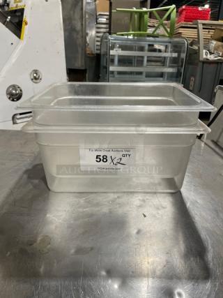 Cambro clear polycarbonate 9.3 qt food storage container, excellent condition, auction label reads "58 x2 Qty".