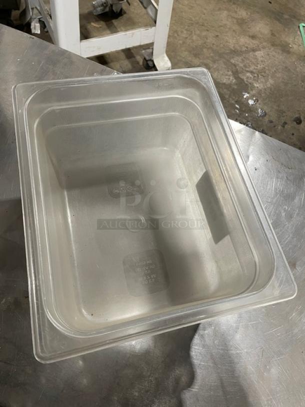 Cambro commercial clear polycarbonate 9.3 qt food storage container in good condition, visible capacity markings.