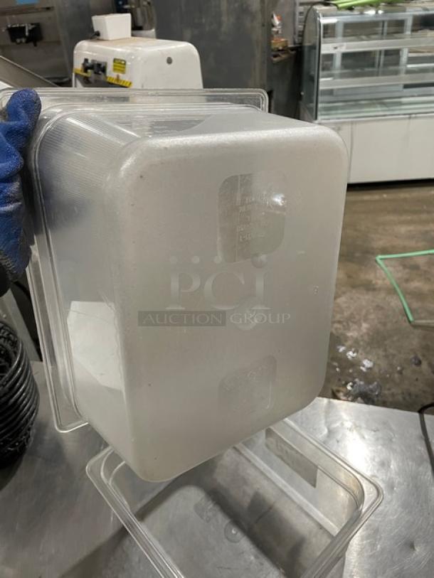 Cambro clear polycarbonate 9.3 qt food storage container, durable, commercial-grade, label indicating capacity and measurements.