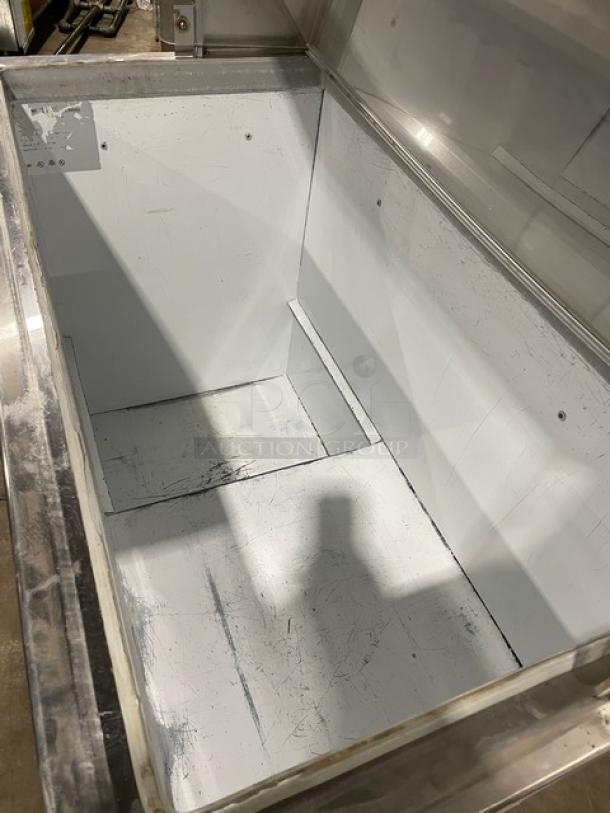 Master-Bilt commercial white ice cream dipping cabinet with sneeze guard, 115V, showing interior space. Visible wear inside.
