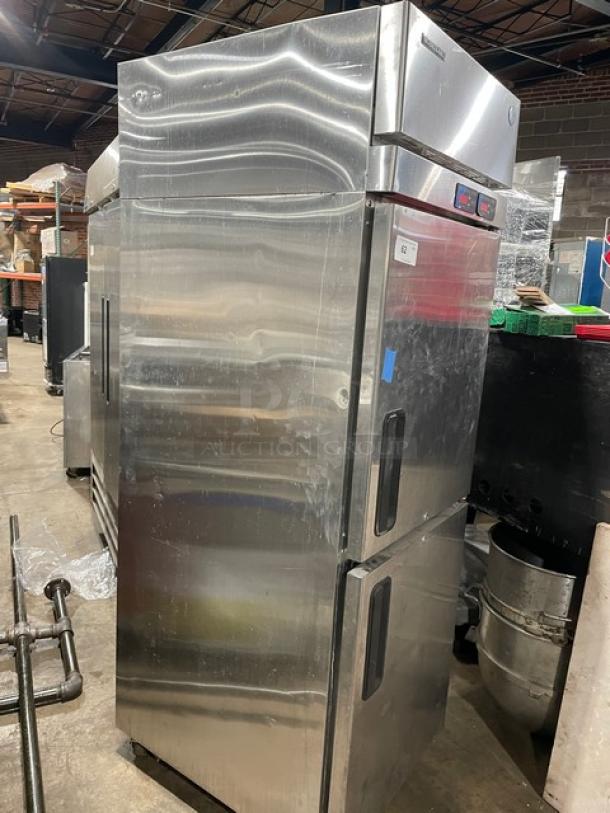 Hoshizaki RFH1SSBHS stainless steel half door reach-in fridge/freezer combo with digital controls; on casters; used condition.