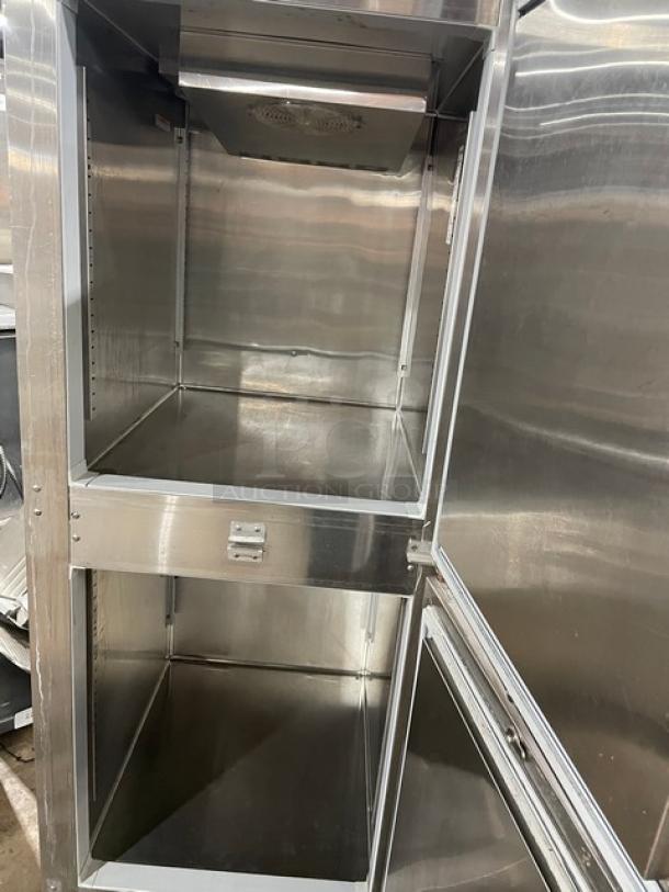 Hoshizaki Professional Series stainless steel half-door reach-in refrigerator/freezer, Model RFH1SSBHS, on casters, with digital controls.